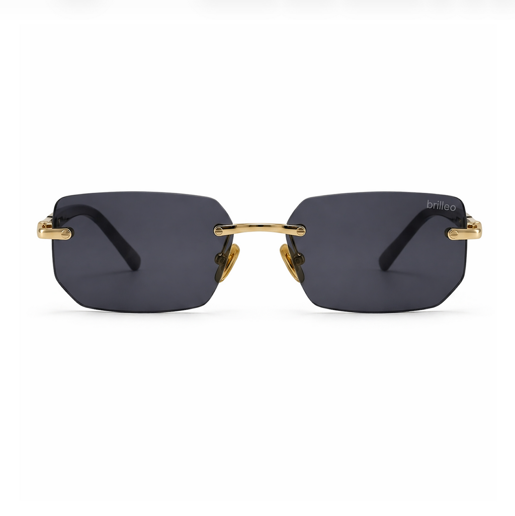 Brilleo Lux randlose Sonnenbrille mit goldenem Metallgestell und rechteckigen dunklen Gläsern, Frontansicht