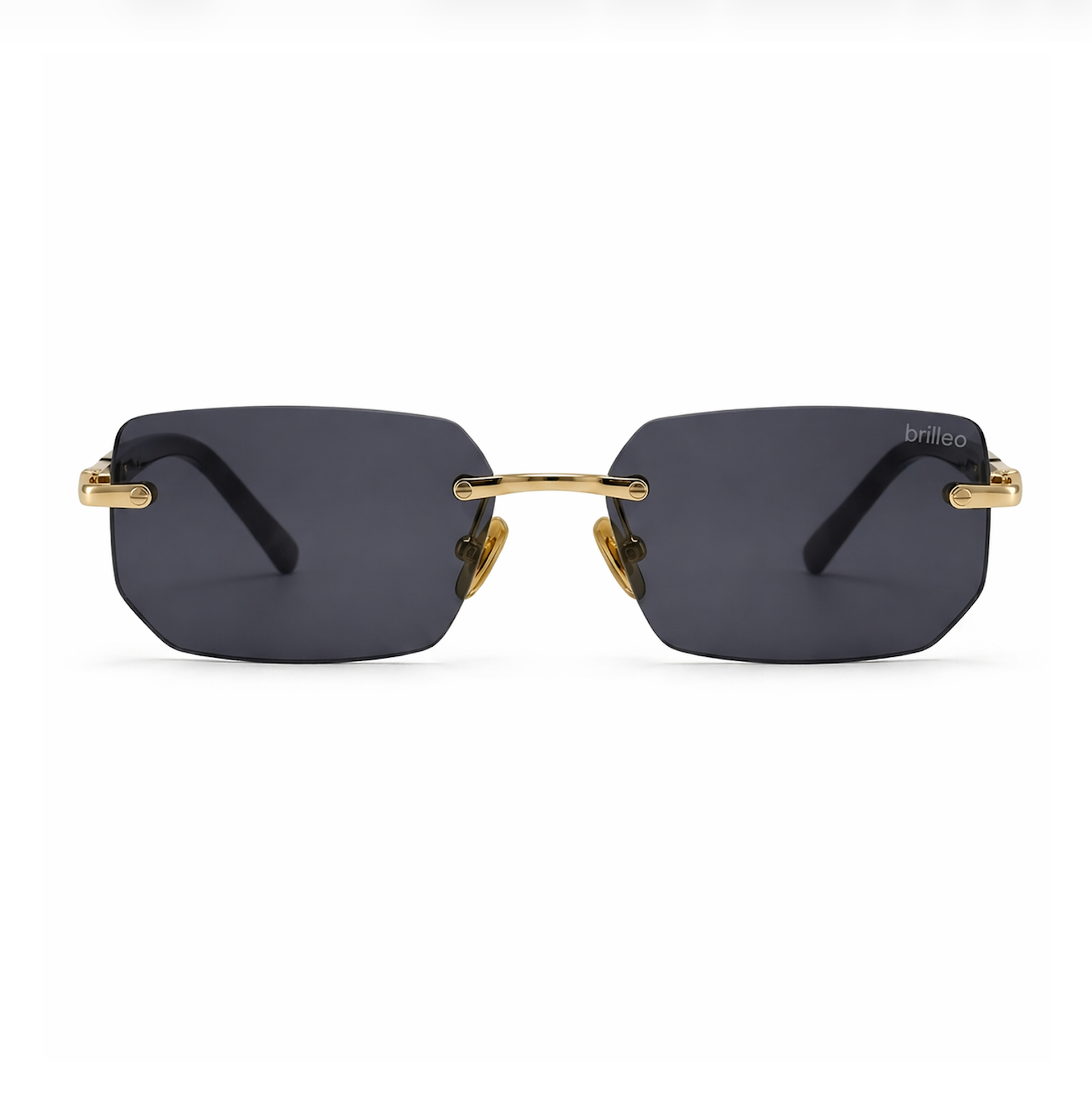 Brilleo Lux randlose Sonnenbrille mit goldenem Metallgestell und rechteckigen dunklen Gläsern, Frontansicht