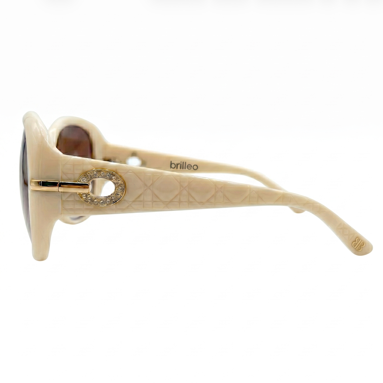 Brilleo Bella Damen-Sonnenbrille in Creme mit Quilt-Muster auf dem Bügel und goldenem Strass-Ring, Seitenansicht
