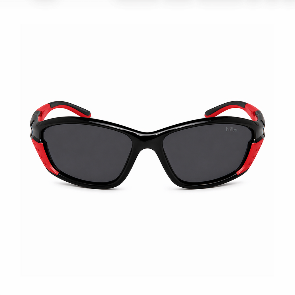 Brilleo Crest polarisierte Wraparound-Sonnenbrille in Schwarz-Rot, Frontansicht