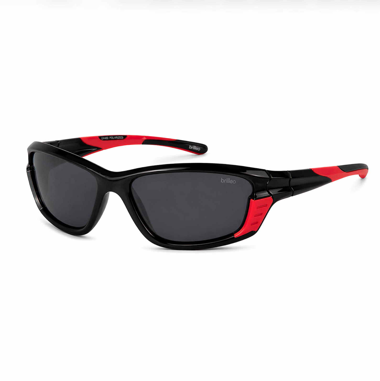 Brilleo Crest polarisierte Wraparound-Sonnenbrille in Schwarz-Rot mit dynamischen Akzenten, seitliche Perspektive