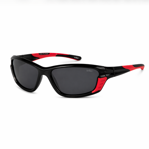 Brilleo Crest polarisierte Wraparound-Sonnenbrille in Schwarz-Rot mit dynamischen Akzenten, seitliche Perspektive