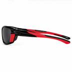 Brilleo Crest polarisierte Wraparound-Sonnenbrille in Schwarz-Rot mit dynamisch geschwungenen Bügeln, Seitenansicht