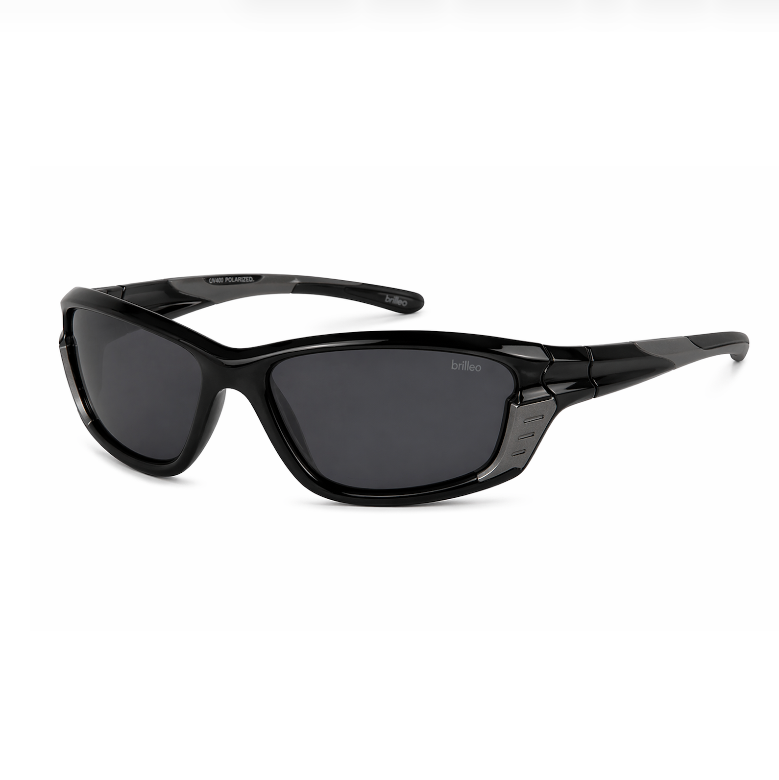 Brilleo Crest polarisierte Wraparound-Sonnenbrille in Schwarz mit grauen Akzenten, seitliche Perspektive