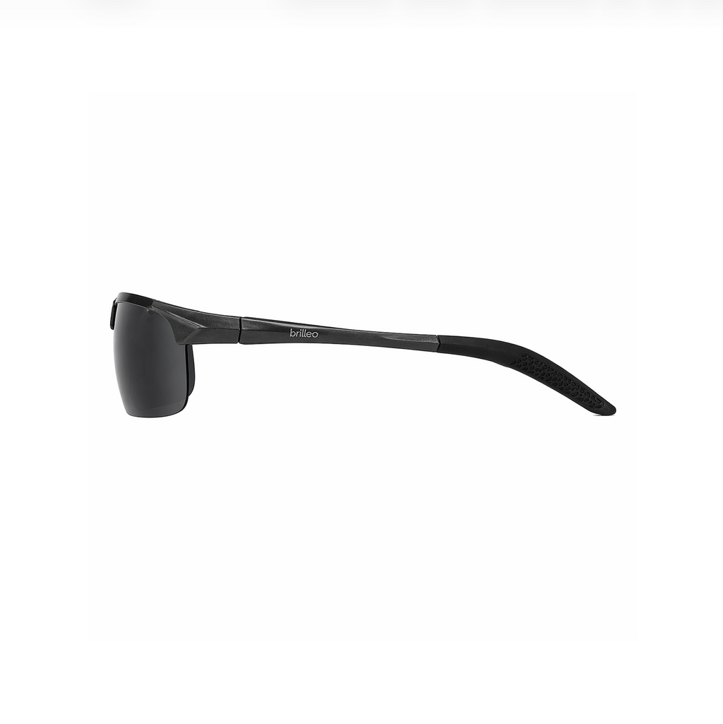 Brilleo Falcon polarisierte Sportsonnenbrille im Profil mit Aluminium-Magnesium-Bügel und rutschfestem Ende, Seitenansicht