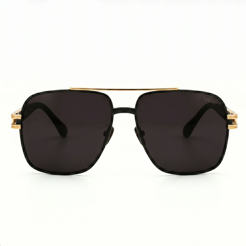 Brilleo Imperial polarisierte Aviator-Sonnenbrille für Herren in Schwarz mit goldenem Doppelsteg, Frontansicht
