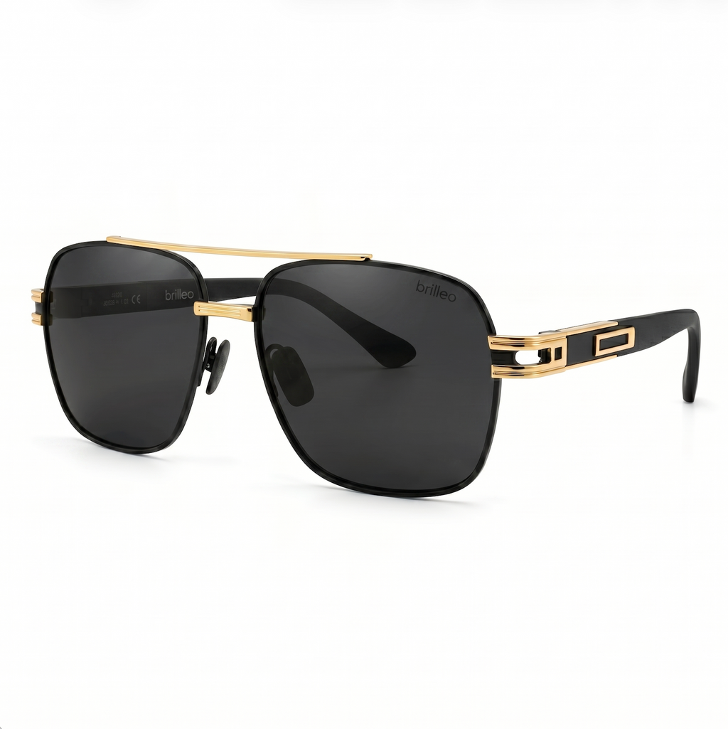 Brilleo Imperial polarisierte Aviator-Sonnenbrille für Herren in Schwarz mit goldenem Doppelsteg und Metall-Akzenten, seitliche Perspektive