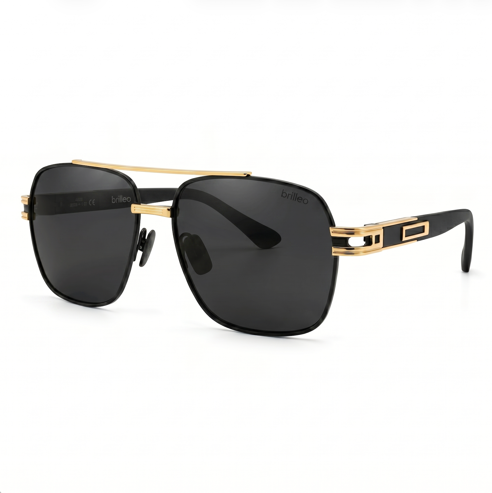 Brilleo Imperial polarisierte Aviator-Sonnenbrille für Herren in Schwarz mit goldenem Doppelsteg und Metall-Akzenten, seitliche Perspektive