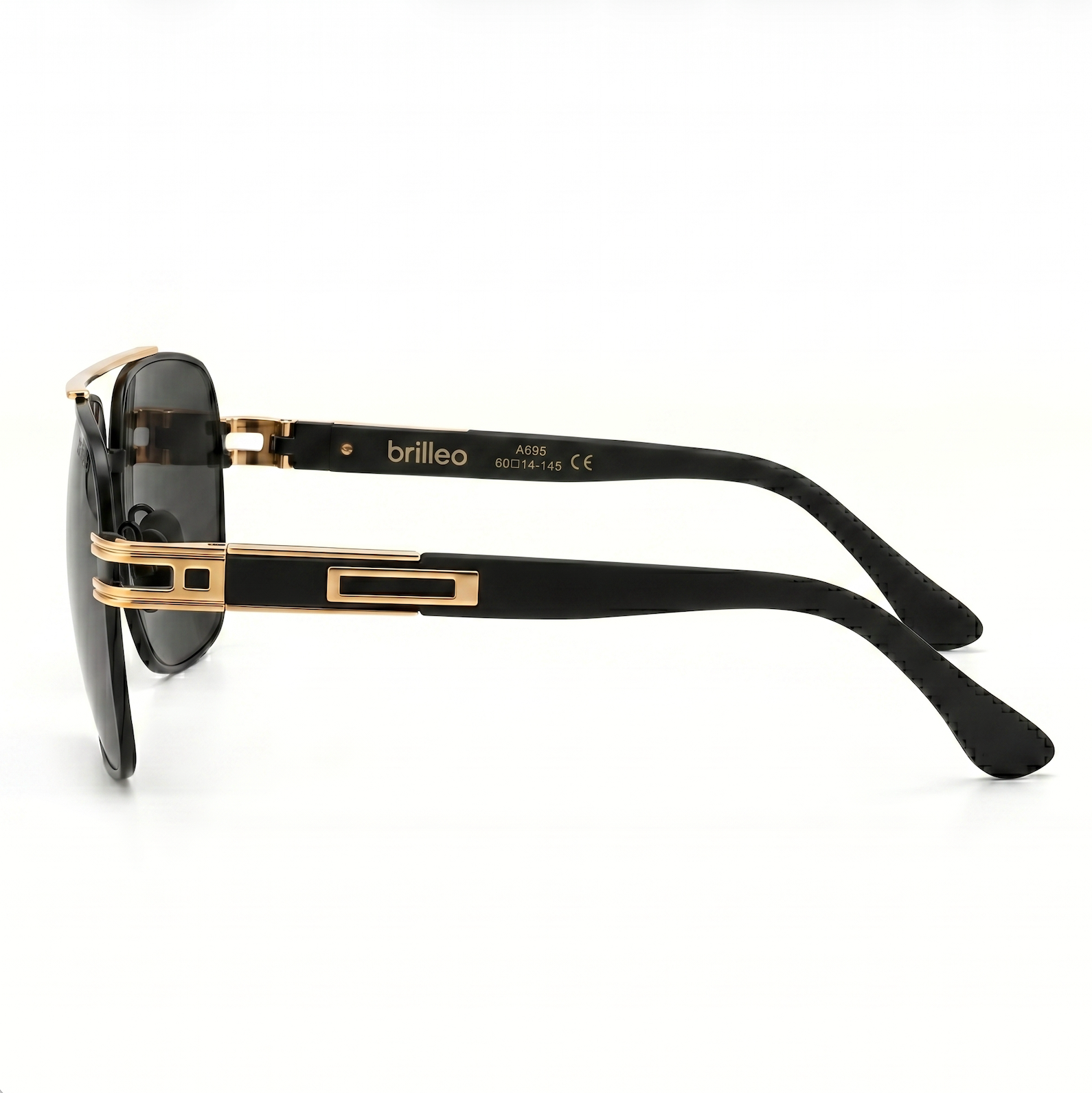 Brilleo Imperial Aviator-Sonnenbrille mit goldenem Bügelbeschlag und schwarzem Lederstruktur-Bügel, Seitenansicht