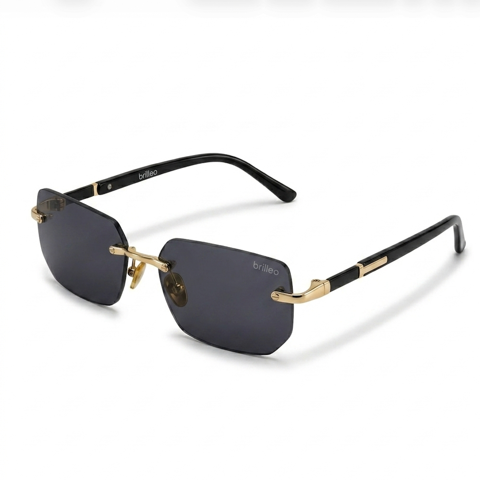 Brilleo Lux randlose Sonnenbrille mit goldenem Metallgestell und schwarzen Bügeln, seitliche Perspektive