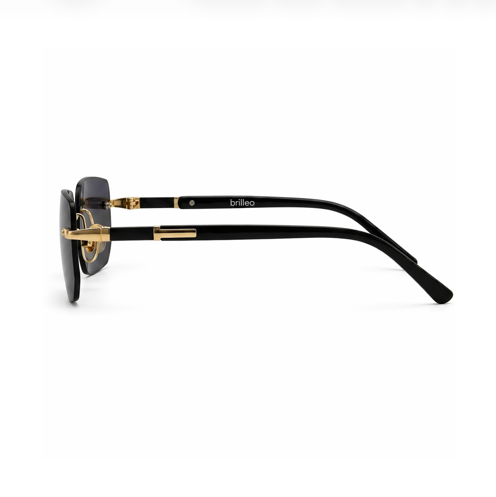 Brilleo Lux randlose Sonnenbrille mit goldenem Metallgestell und schwarzen Bügeln, Seitenansicht