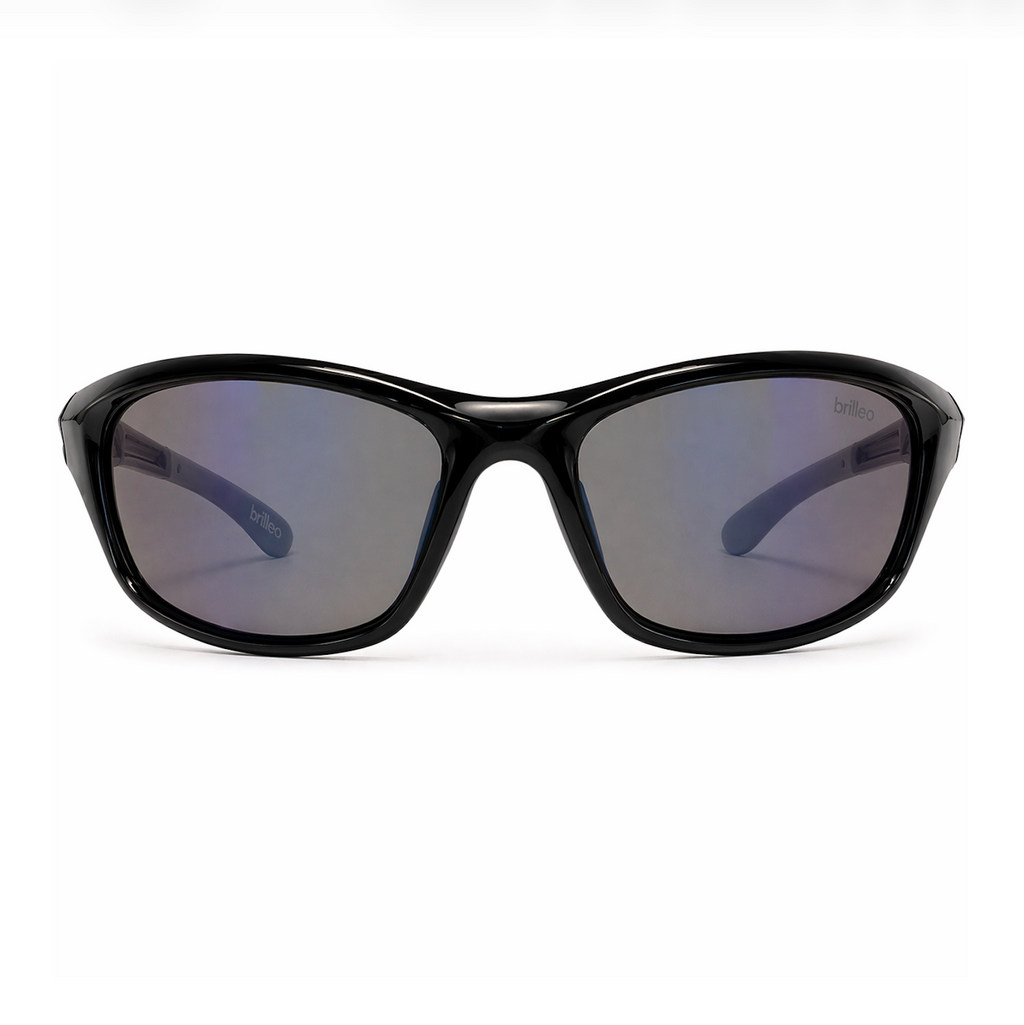 Brilleo Raptor Sport-Sonnenbrille in Schwarz mit blau verspiegelten Gläsern, Frontansicht