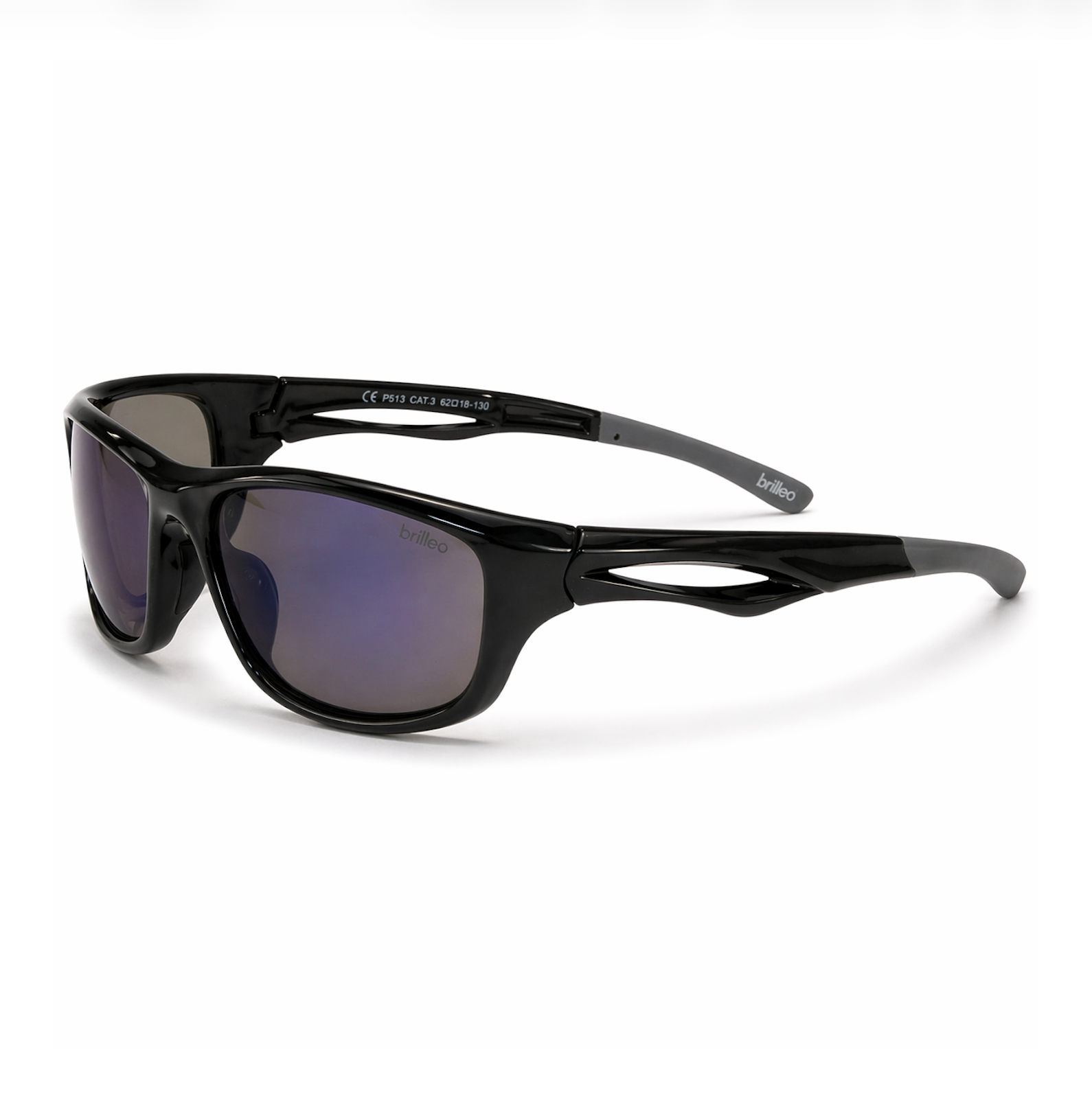 Brilleo Raptor Sport-Sonnenbrille in Schwarz mit blau verspiegelten Gläsern, seitliche Perspektive