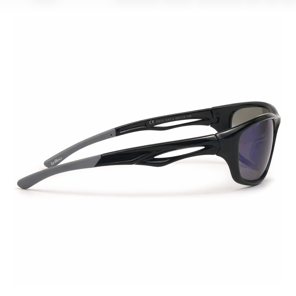 Brilleo Raptor Sportsonnenbrille in Schwarz mit grauen Bügelenden, Seitenansicht