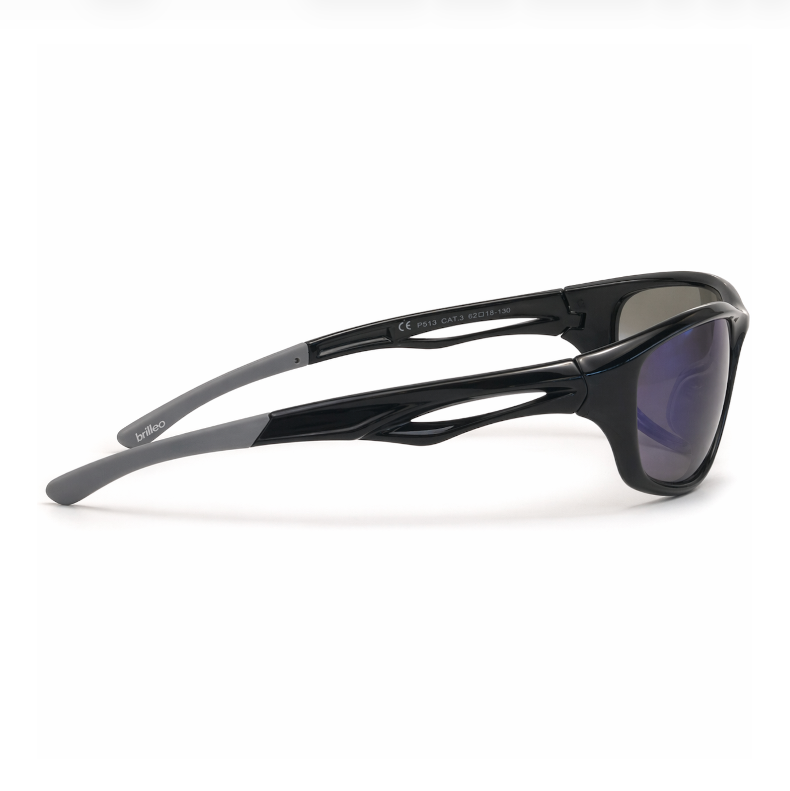 Brilleo Raptor Sportsonnenbrille in Schwarz mit grauen Bügelenden, Seitenansicht