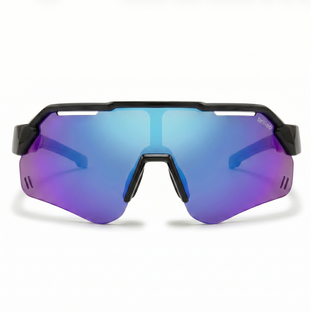 Brilleo Speedy polarisierte Sport-Sonnenbrille im Shield-Design mit blau-violett verspiegelten Gläsern, Frontansicht