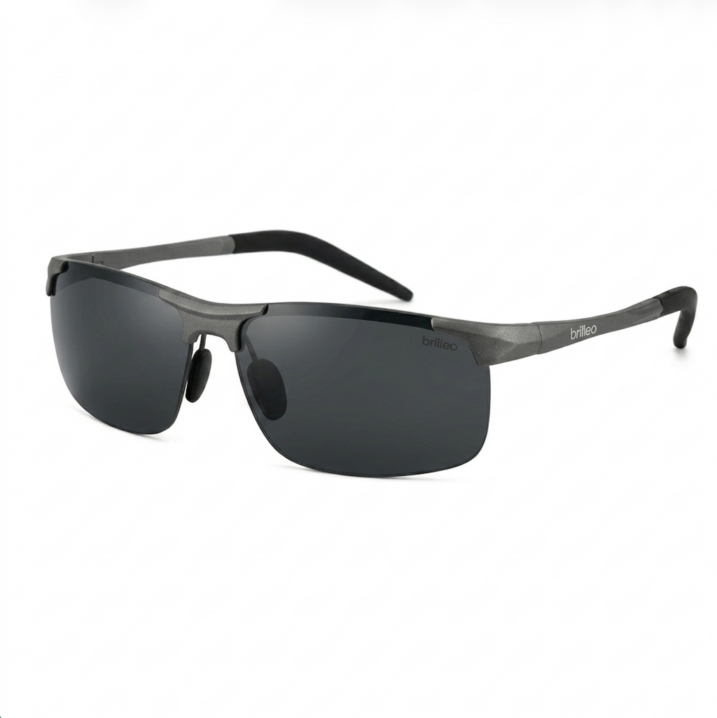 Brilleo Falcon polarisierte Sportsonnenbrille mit halbrandlosem Gunmetal-Rahmen und schwarzen Bügelenden, seitliche Perspektive