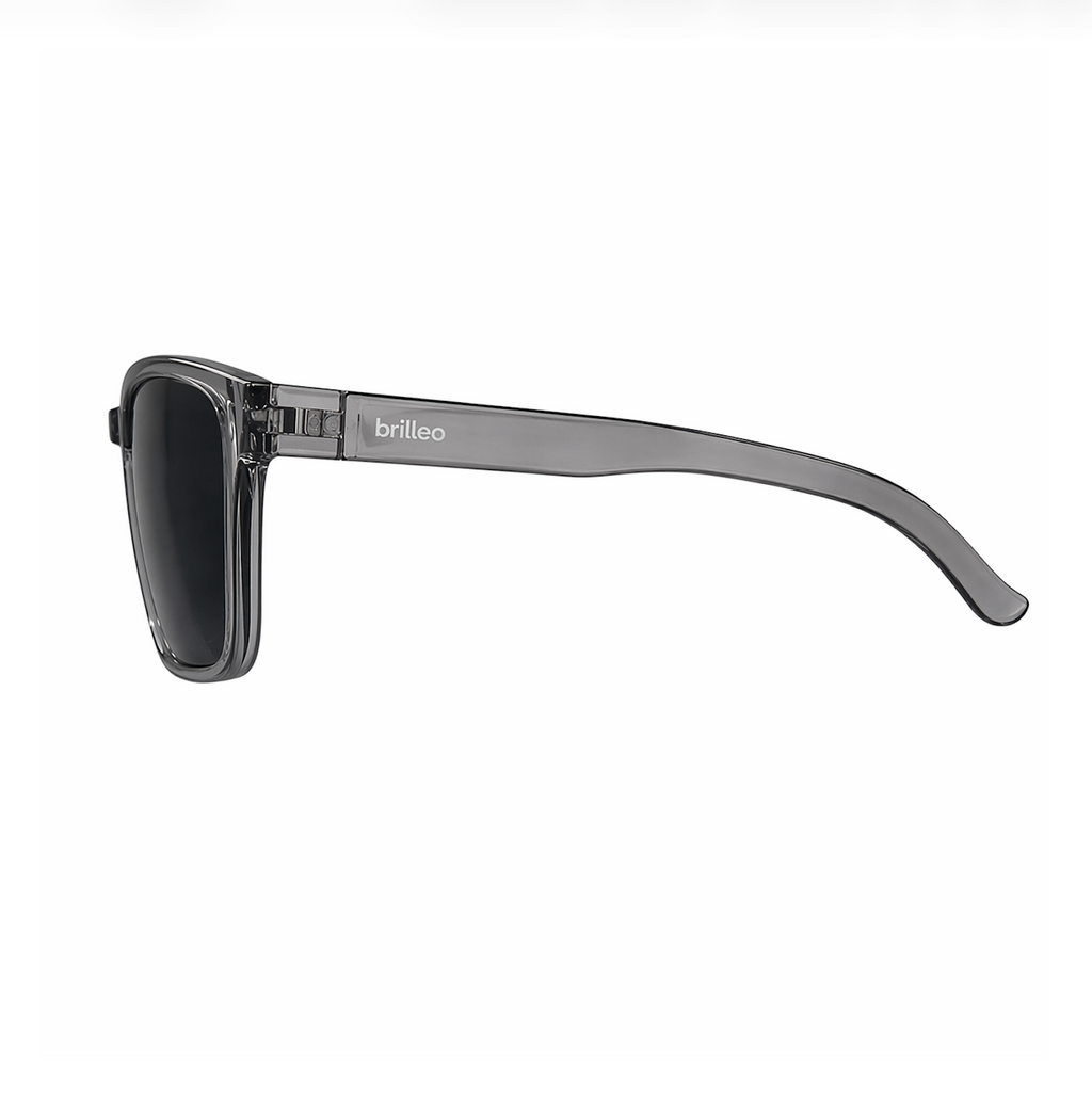 Brilleo Urban polarisierte Sonnenbrille mit transparentem Rauchgrau-Rahmen, Seitenansicht