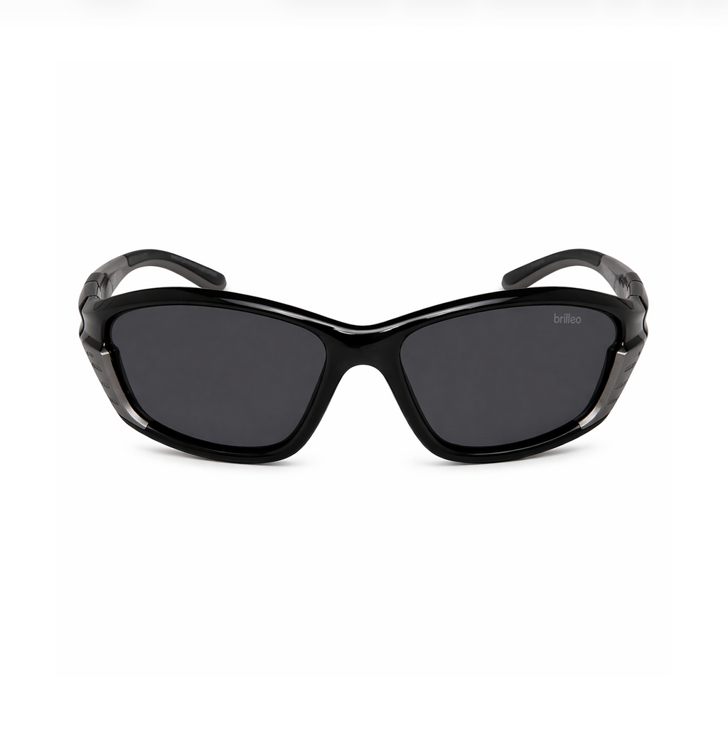 Crest polarisierte Wraparound-Sonnenbrille in Schwarz, Frontansicht